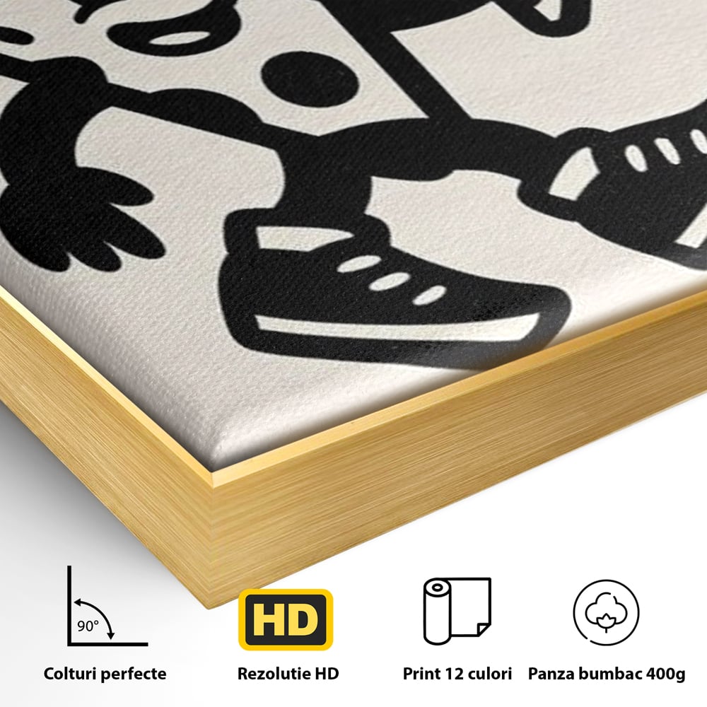 Detaliu al suprafetei: ilustratie retro cu mascota pizza, in rama de aluminiu auriu